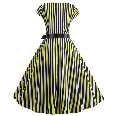 Striped Waist Big Swing Print Dress
