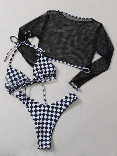 Checker Printed Mesh Three-piece Swimsuit