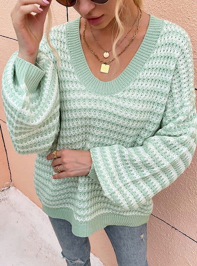 V-neck Pullover Striped Sweater