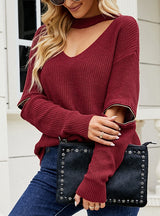 Zipper Sleeve Solid Color V-neck Sweater