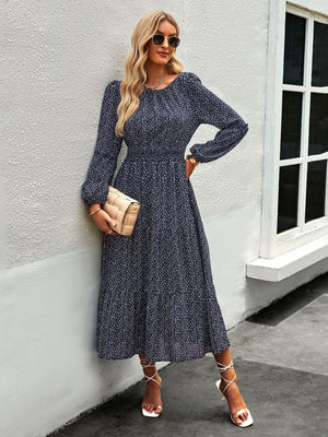 Printed Lantern Sleeve Round Neck Dress