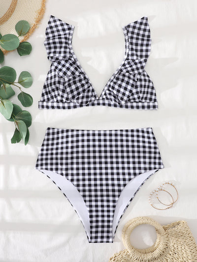 Black and White Dot Printed Flounce Split Swimsuit