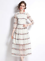 Yarn Lace Embroidery Long Sleeve Dress