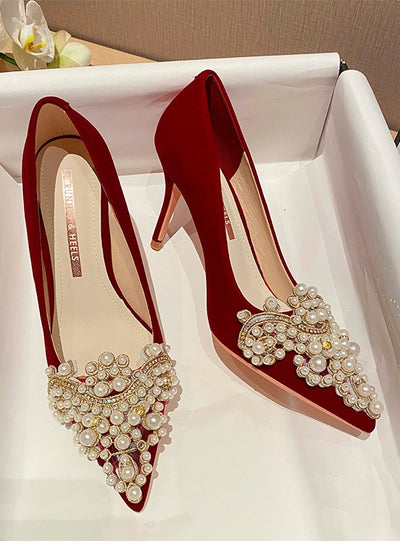 Red High-heeled Pearls Shoes