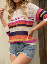 Knitted Striped Color Matching Hollow Sweater