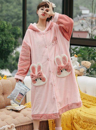Lovely Cartoon Rabbit Long Nightgown Flannel