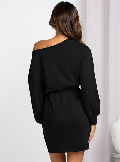 Fashion Slanted Shoulders and Round Neck Dress