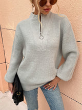 V-neck Zipper Lantern Sleeve Sweater
