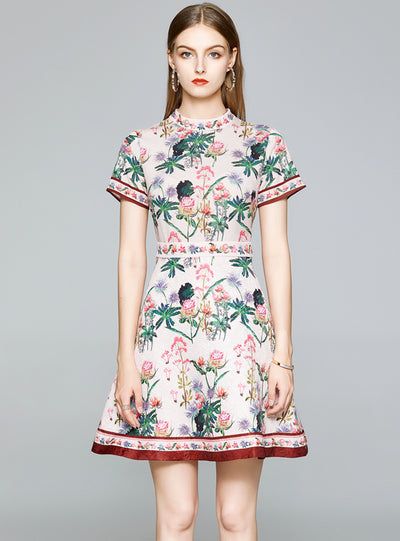 A-line Female Collar Waist Print Dress