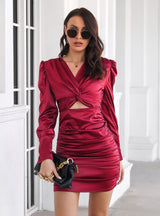 Satin Kinked Bubble Sleeve Pleated Dress