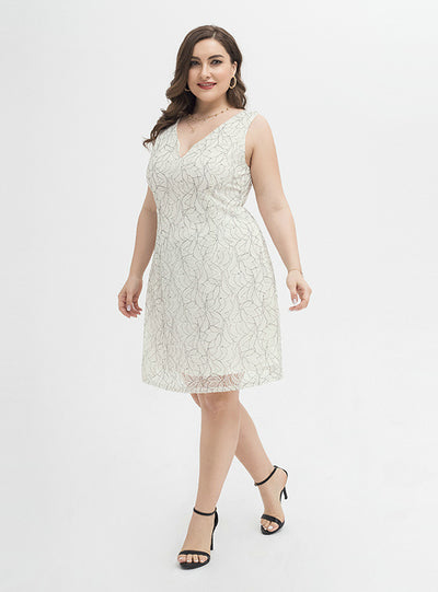 Plus Size White Lace V-neck Short Dress