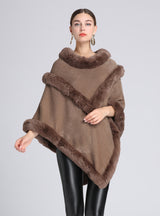 Women Rabbit Fur Collar Shawl Cloak Coat