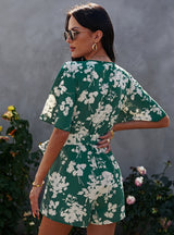 V-neck Short Sleeve Chiffon Shorts Jumpsuit