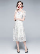 V-neck Lace Bubble Sleeve Vintage Dress