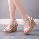 White Wedge-heeled Fish Mouth Hollow Sandals