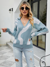 Loose Pullover V-neck Color Matching Contrast Sweater