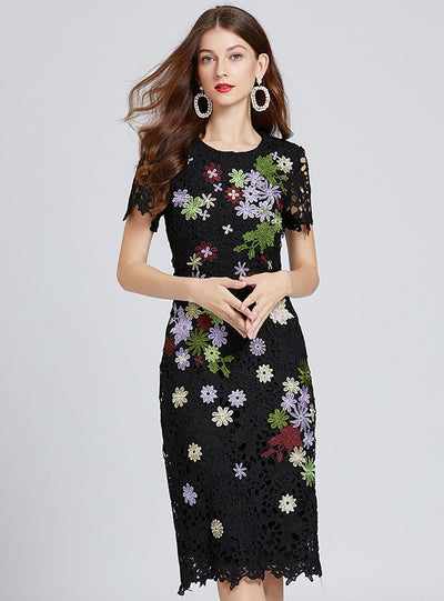 Retro Openwork Embroidered Short Sleeve Dress