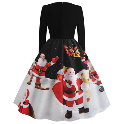 Vintge Christmas Printed Long Sleeve Dress