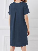 Women Short Sleeve Pocket Midi Dress Button Dress