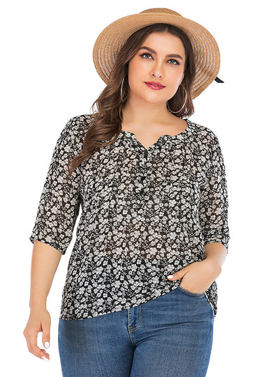 Plus Size Printed Chiffon V neck Shirt