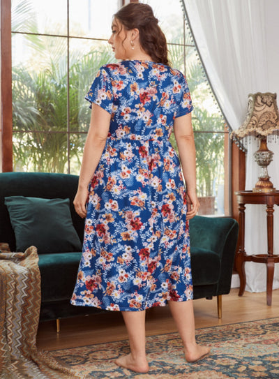 Printed Stitching V-neck Long Short Sleeve Nightgown
