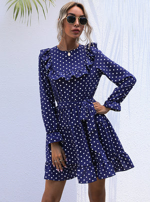 Long Sleeve Polka Dot Vintage Flounce Dress