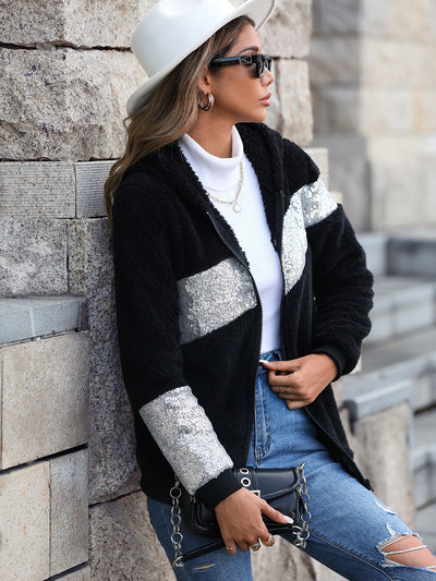 Hooded Sequins Stitching Zipper Fleece Jacket