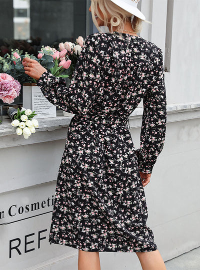Printed Lace Up Round Neck Floral Dress