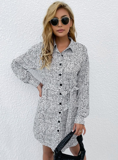 White Lapel Print Shirt Dress