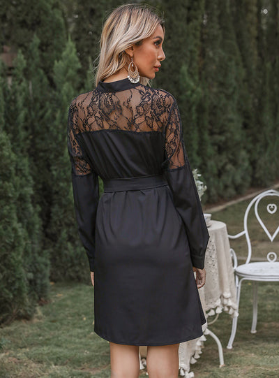 High-collared Lace Long-sleeved Shirt Dress