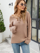 Loose Solid Color Sexy Lace-up Sweater