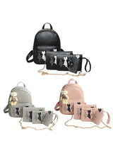 4pcs/Set Backpack Cat Printing Backpack PU Leather