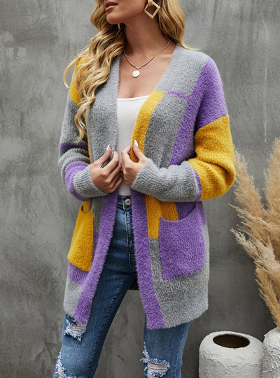 Sable-like V-neck Stitching Contrast Cardigan Sweater