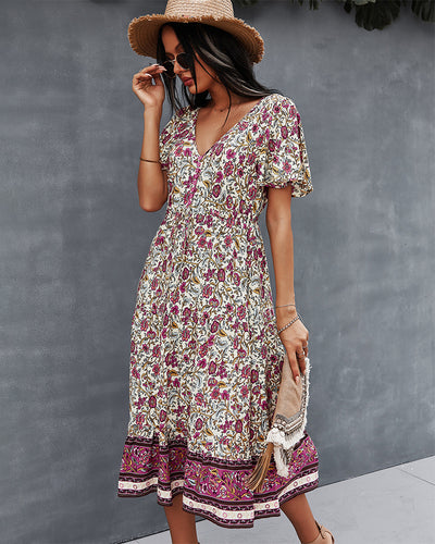 V-neck Short Sleeve Bohemian Printed Dress