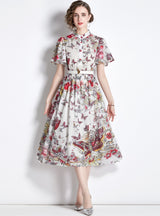 Collar Butterfly Print Short Sleeve Dress