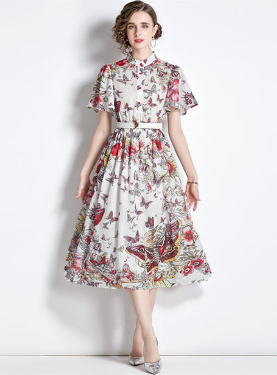 Collar Butterfly Print Short Sleeve Dress