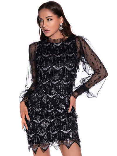 Sexy Mesh Long Sleeve Sequined Dress
