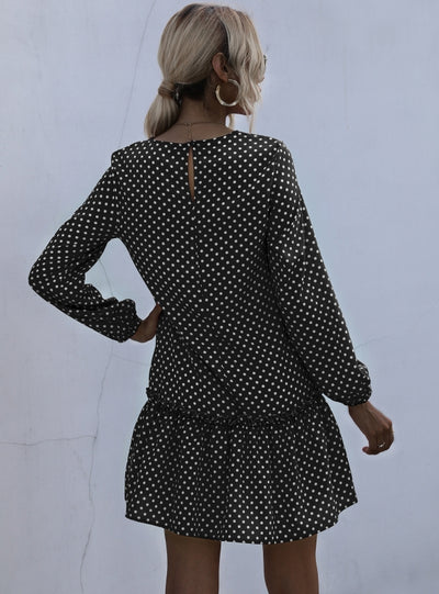 Retro Round Neck Polka Dot Long Sleeve Dress