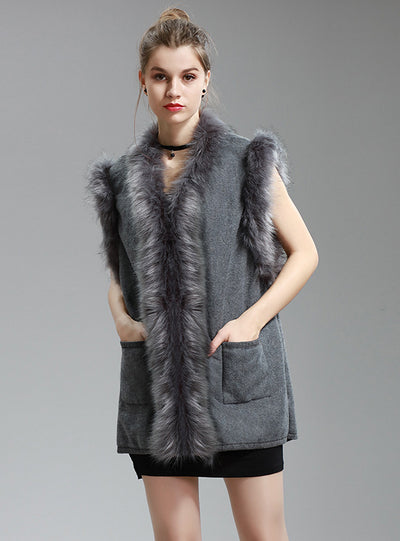 Fur Collar Shawl Cloak Woolen Knitted Sleeveless Loose Coat