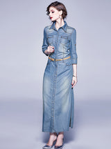 Split Blue Tencel Denim Lapel Dress