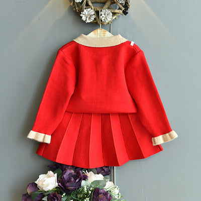 Girls' Sweater Contrast Stitching Coat Two-piece Set