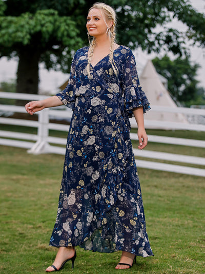 V-neck Lace-up Trumpet Sleeve Chiffon Printed Dress