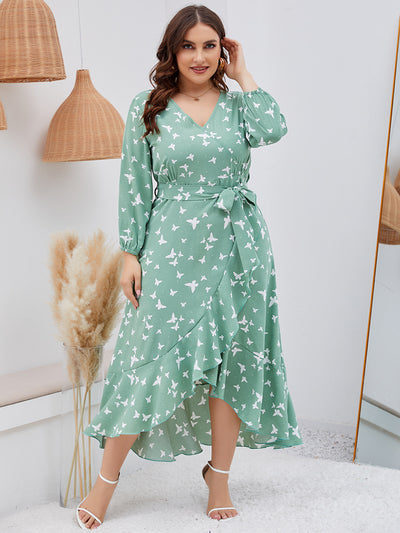 Butterfly Printed Ruffled Long Sleeve V-neck Large Size Dress