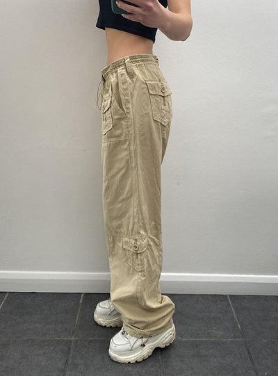 Elastic Waist Trousers Button Pockets Pant