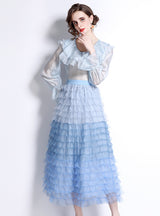 Ruffled Long Sleeve Blouse+Mesh Layer Skirt Suit