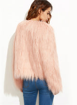 Faux Fur Pink Winter Coat Women Elegant Collarless