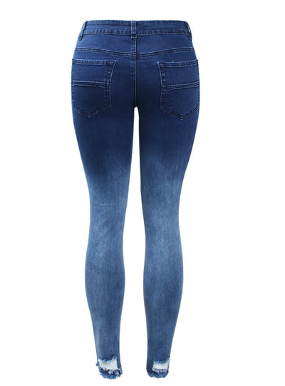 Dark Blue Mid Low Waist Stretchy Ripped Pencil Denim
