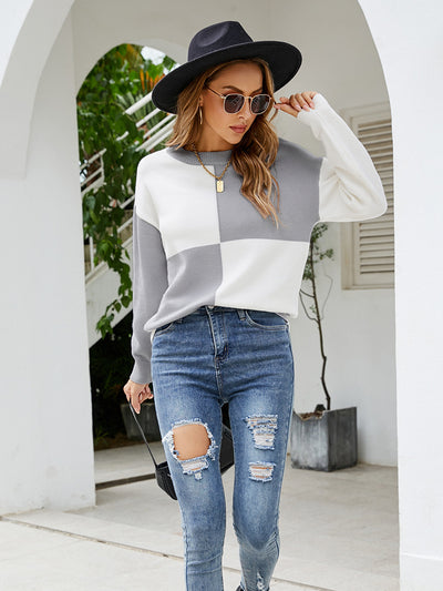 Crew Neck Stitching Contrast Sweater