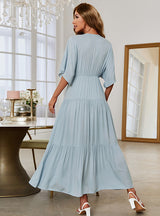 V-neck Solid Color Bat Sleeve Dress