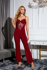 V-neck Openwork Lace Suspender Jumpsuit
